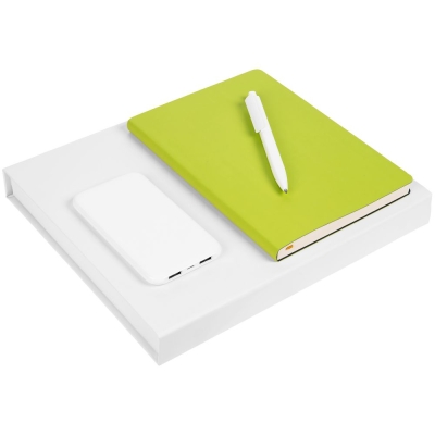 Набор Flex Shall Recharge, светло-зеленый, зеленый, пластик; коробка - переплетный картон, ежедневник - искусственная кожа; ручка - пластик; внешний аккумулятор - покрытие софт-тач, покрытие софт-тач 